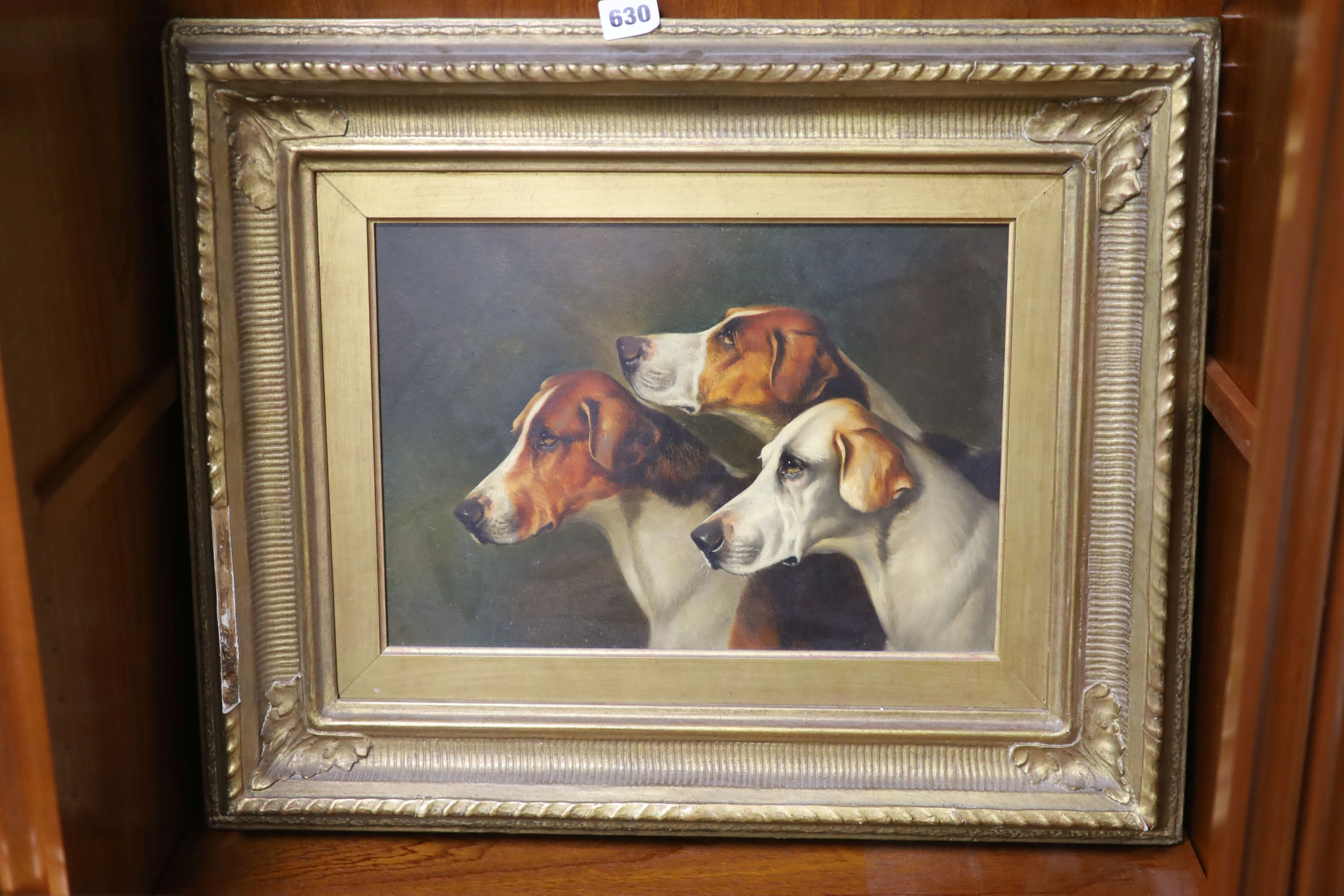 Attributed to Alfred Wheeler (1851-1932) oil on panel, Portrait of three hounds, 25 x 35cm